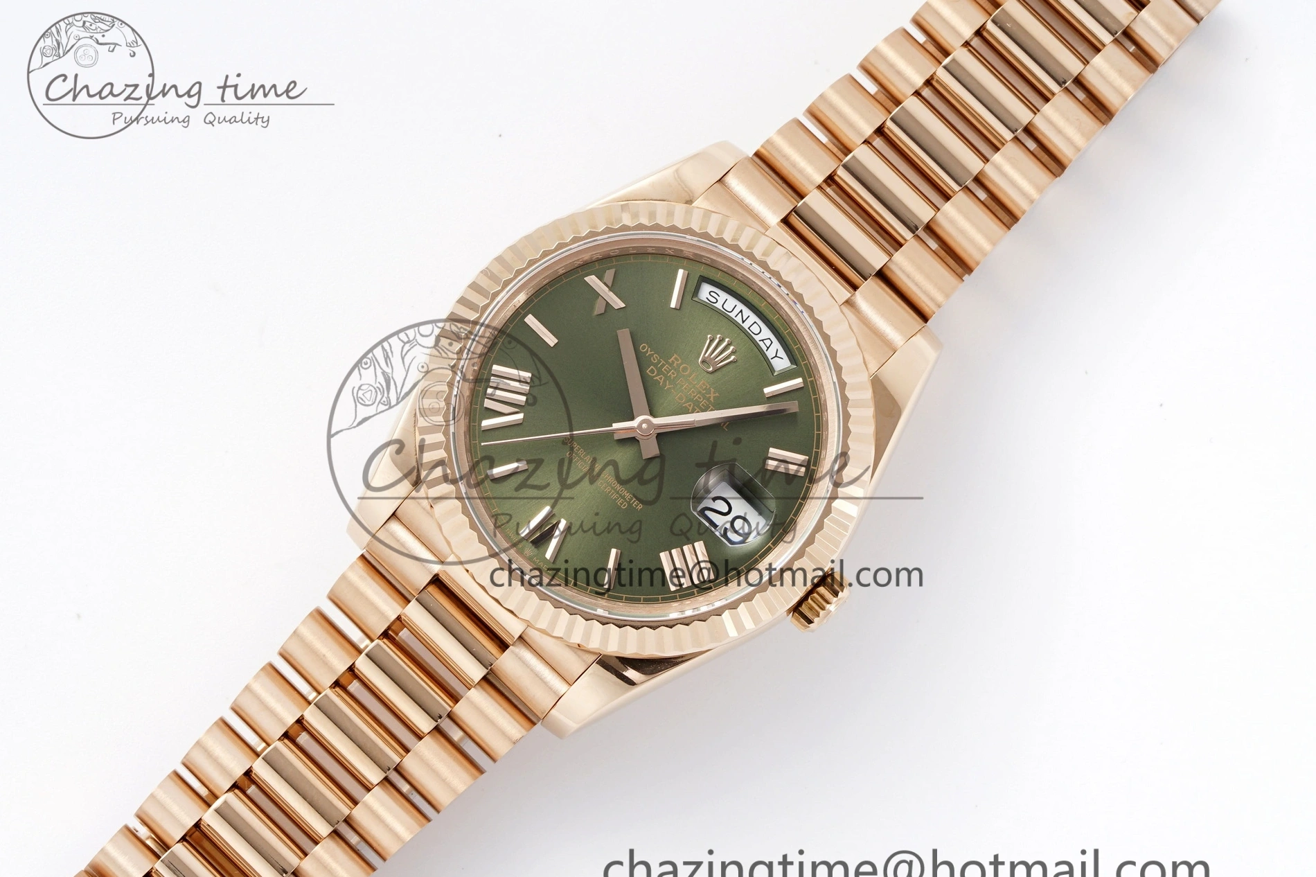 MiroTime 0516 DayDate 40 RG JDF Gain Weight 904L Steel Green Dial Roman Markers on President Bracelet A2836 V Trendsetting 1816